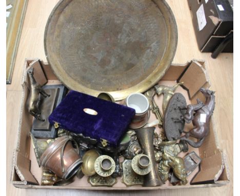 A box of assorted brassware including a pair of candlesticks, brass fireside figures, bronze horse figure, Indian vase, cruci