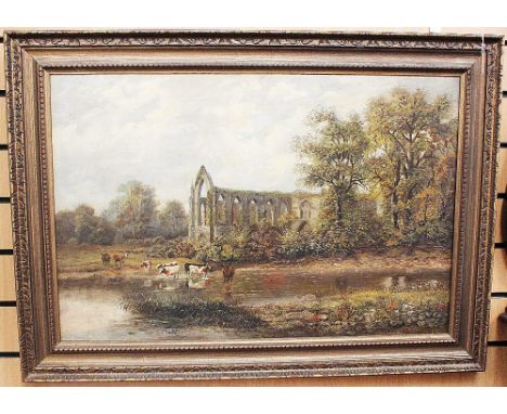 19th century British School, Abbey Ruins with cattle watering, oil on canvas, signed indistinctly lower right (K Packer?), 50