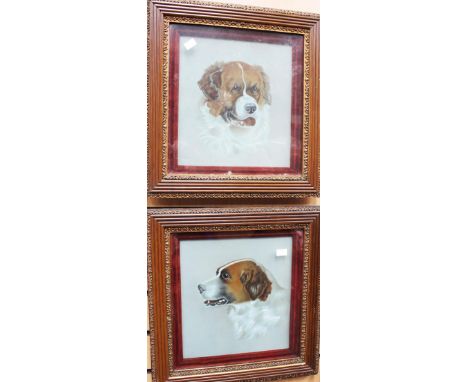 Two Victorian paintings of a St. Bernard and another dog, on ceramic or glass 