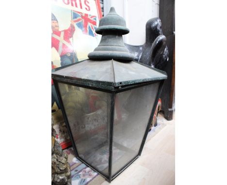 A very large Victorian copper (painted) and glass gas lamp/lantern in original condition - with gas fittings (two parts) 