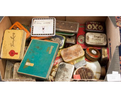 A box of assorted vintage tins, mostly early and mid 20th century