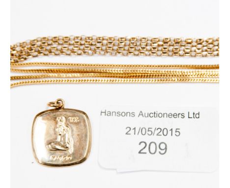 An 18ct fine chain necklace, another and a 9ct medallion ring 