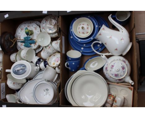 Three boxes of ceramics to include Burslem part tea service, T.G. Green and Co part tea service, Royal Crown Derby Posies pin