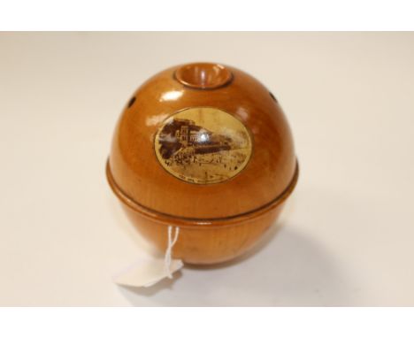 A Mauchline ware string box with print of Scarborough 