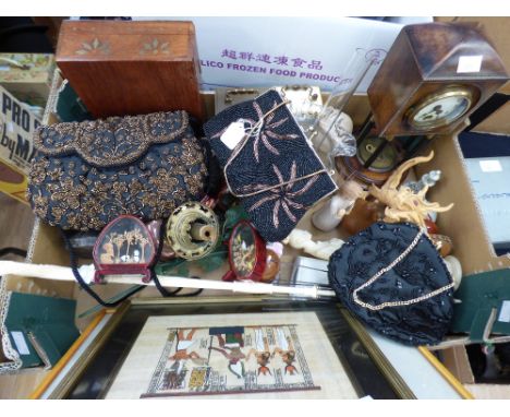 A box of collectables including a woodblock print, horse print, jewellery box, ladies evening bags, mantle clock, cork, figur