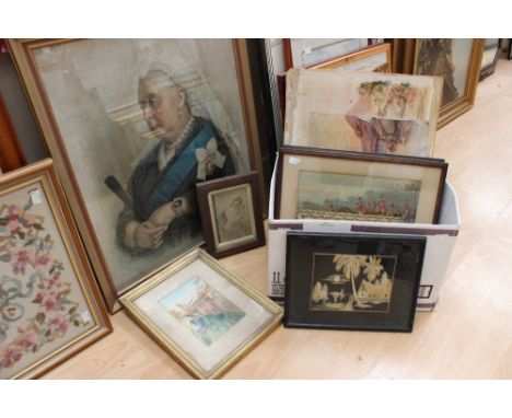 A box of watercolours and prints together with a large print of Queen Victoria