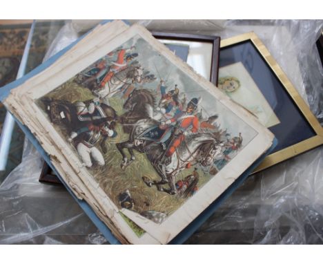 A collection of drawings and prints including a pastel double portrait by Marjorie Wilding (1909-2009) various regimental pri
