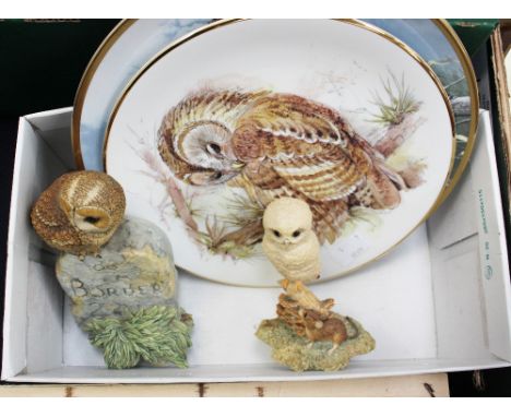 A Border Fine Arts 'Owl' and 'Mouse' and 'Owl on a Milestone' and a Royal Doulton 'Owl' plate and a Spode American Owl plate 