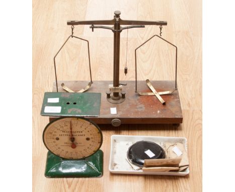 Waymaster letter scales, with W and J George Ltd chemical balance scales and weights 