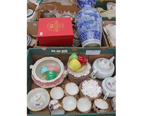 Two boxes of mixed ceramics and metalware, including an Edwardian Adderleys teaset; together with Royal Worcester Evesham pat