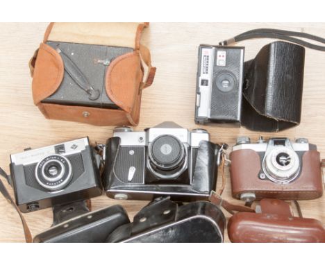 Five various cameras, including a cased Brownie camera, bought for the Coronation of Queen Elizabeth II, a Halina camera and 