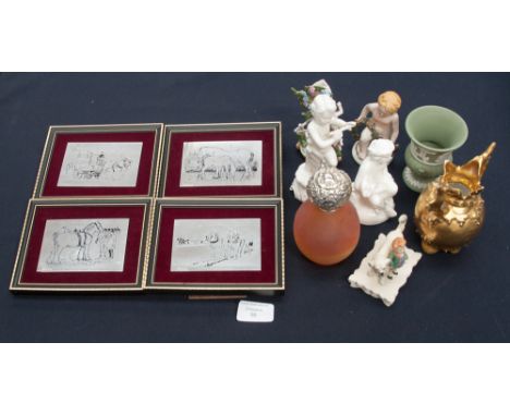 Four silver hallmarked equestrian plaques, a silver topped cosmetic bottle and a series of ceramic ornaments (parcel)