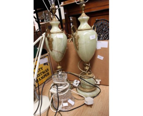 A pair of onyx table lamps, an anglepoise lamp and a glass lamp (4)