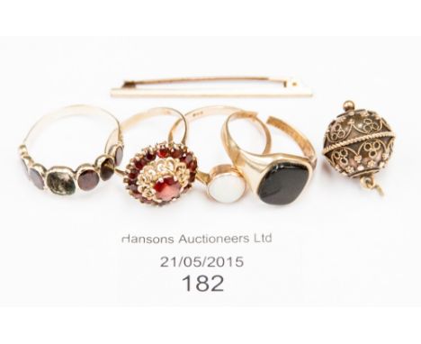 Four rings, three set with stones, one 9ct and opal etc, some yellow metal, or indistinct hallmark (6) 