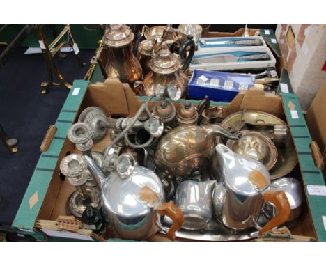 Two boxes of silver plated items, including four piece tea and coffee service, candelabra, retro stainless steel tea and coff