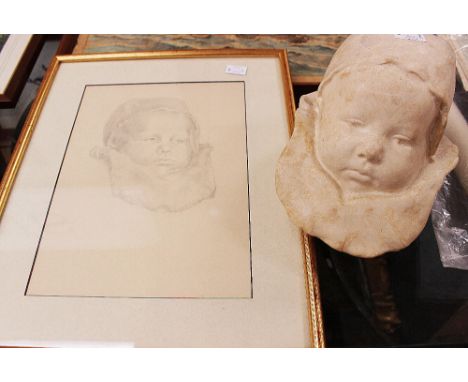 A plaster cast of a baby's head; together with a pencil sketch of the same (2) 