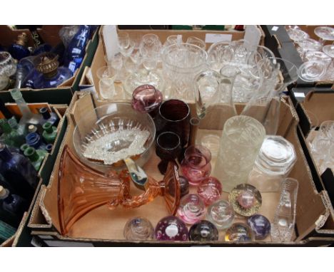 Two boxes of assorted glassware, including various paperweights, amethyst glass jar and cover, jugs, bowls, vases, assorted c