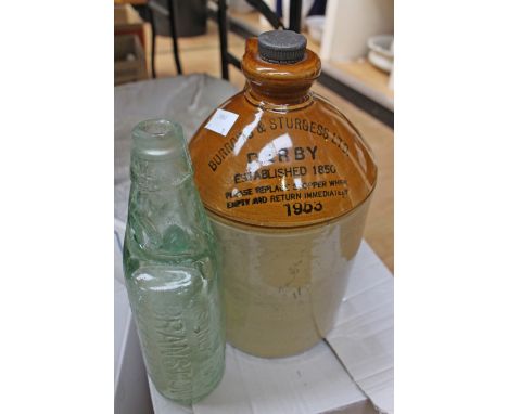 A good collection of ceramic flagons and glass pop bottles, including J.B. White and Sons, Burrows and Sturgess Ltd, J.H. Jon