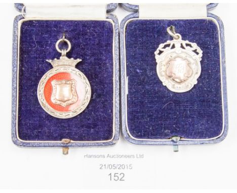 Two silver fob medals, one with enamel 