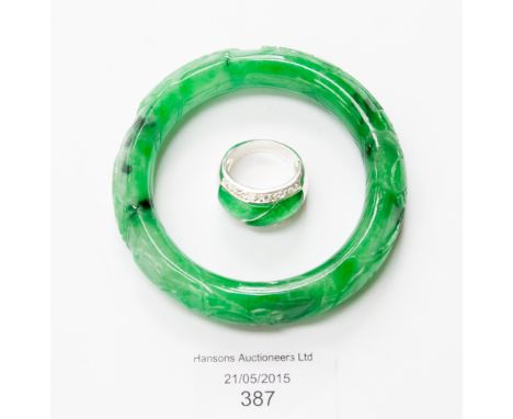 Emerald green jade bangle and silver/jade ring