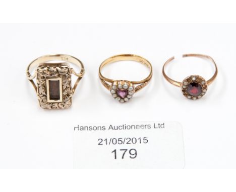 A Victorian memorial ring, a ring set heart shape ruby and pearl and another set garnet 