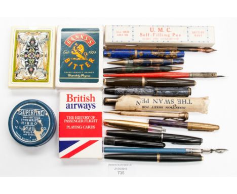 A pen collection to include boxed U.M.C, Parker Duofold etc and three boxes of playing cards (parcel) 