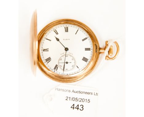 A gilt metal 'Elgin' American hunter pocket watch, the case engine-turned, with enamel dial with subsidiary second dial