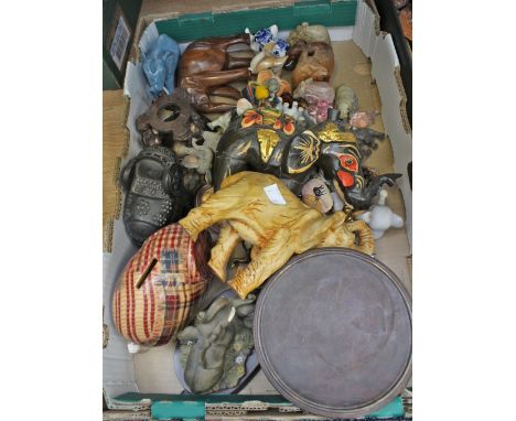 Two boxes of Elephants to include Onyx, ceramic, brass, glass, wood, etc, Vietnam Elephant stamps (q) 