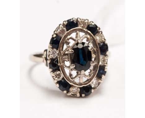 A sapphire and diamond cluster ring in 18ct white gold, pierced basket mount, with central oval sapphire surrounded by border