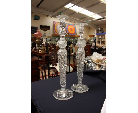 A pair of large cut glass candlestick, knopped form with diamond and hobnail cutting, possibly Waterford, the sconces detacha