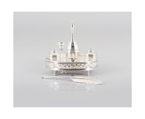 A D.Maria style writing setComprising of galleried stand with inkwell, sand pot, quill holder, quill and candlestickSilver 92