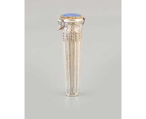A Victorian needle caseSilvered metalEngraved decorationBlue and gilt enamel medallion to cover England, 19th century(signs o