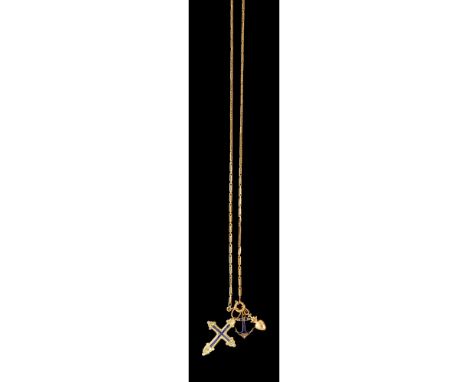 A chain and three pendantsGold 800/000Rectangular links chainPendants of applied enamel elements and one set with rose cut di
