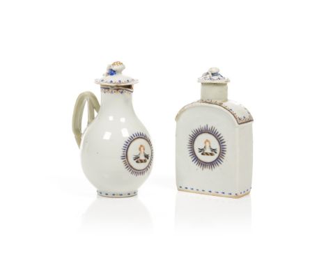 A milk jug and tea caddy with coversChinese export porcelainBlue and gilt decoration of heraldic wreath of twisted cloth and 