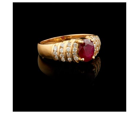 A ringGold 800/000Set with oval cut ruby and 30 brilliant cut diamonds totalling approximately 0,30 ct.Lisbon hallmark (1985-