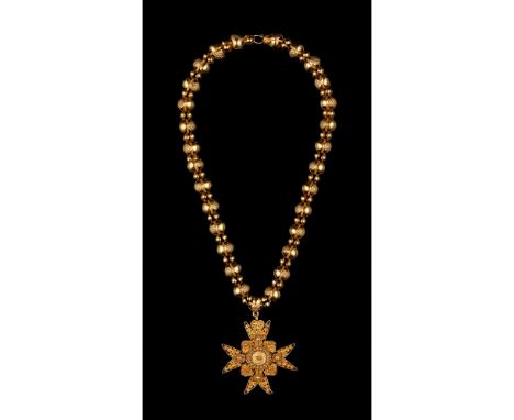 A chain with cross pendantHollow mesh chainHammered decorationFiligree and white enamel pendant19th centuryOporto assay-mark(
