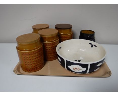 A tray of four Hornsea saffron storage jars, together with antique fruit bowl and a glazed mug with hunting decoration 