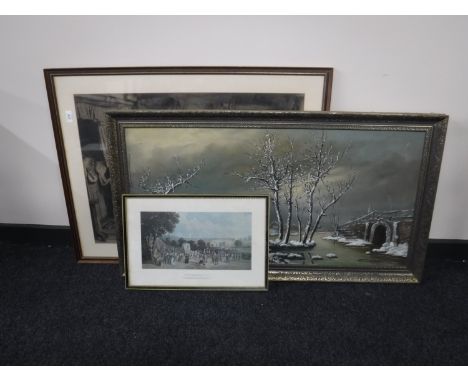 A framed Thomas Faed print, Victorian family, together with a framed colour print, the Opening of Stockton and Darlington Rai