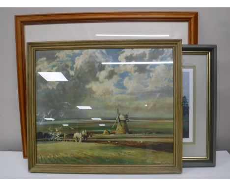 A contemporary framed David Stout print, rowing on Grassmere, together with two others 