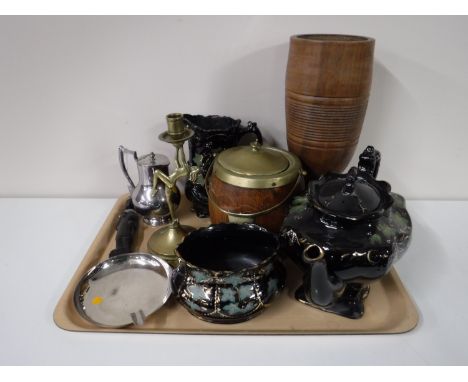 A three piece gilded Victorian tea service together with an oak brass lidded biscuit barrel, oak vase, plated ware etc