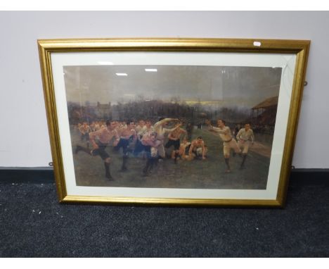 A framed W.R. Wotten framed rugby print, together with two others 