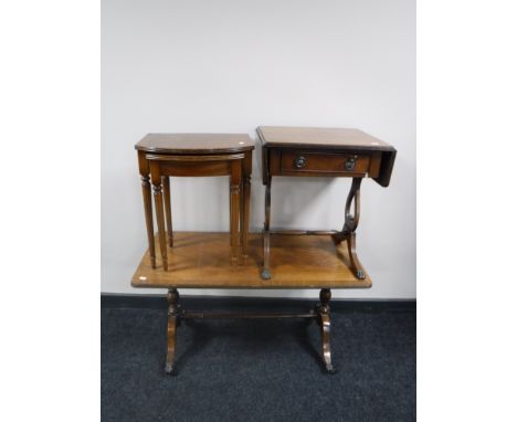 A mahogany coffee table with under stretcher together with a nest of two mahogany inlaid bowfronted tables and a mahogany sof