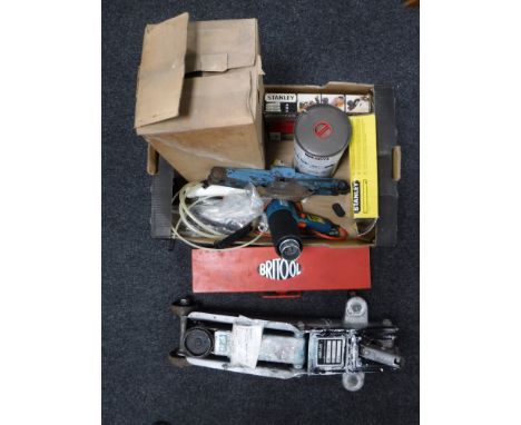 A box containing Tilly lamp, heat gun, Stanley woodworking plane, together with a trolley jack and a Dirtool cased socket set