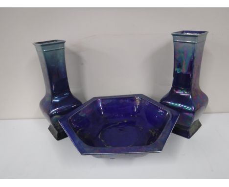 A pair of Shelley square section blue lustre baluster vases, together with a similar Carlton Ware basin