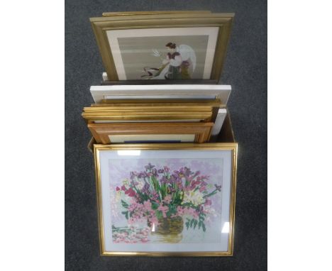 A box of pictures and prints, framed needlework, photographs etc 