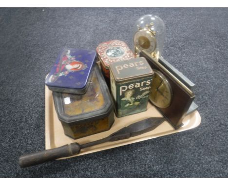 A tray of vintage tins - Bassetts Liquorice and Pears Soap, two miniature flat irons, clock under shade, two mantel clocks  