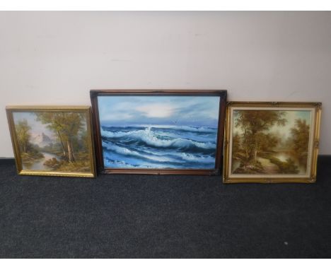 Three 20th century framed oils - W. Duncan landscape, Winston seascape and a C. Inness woodland scene 