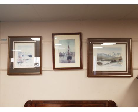After Walter Holmes, Boats beneath the Tyne Bridge, reproduction colours, signed, together with two limited edition signed pr