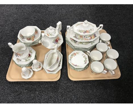 Two trays of English fruit pattern tea and dinner service 