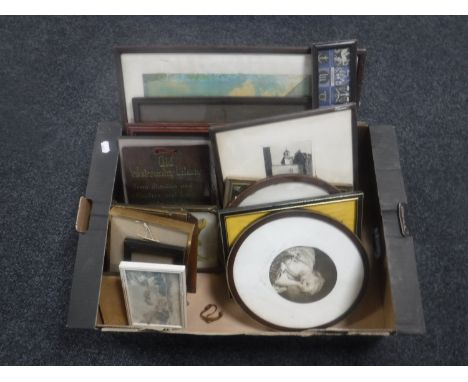 A box of framed antiquarian prints, etchings and frames  